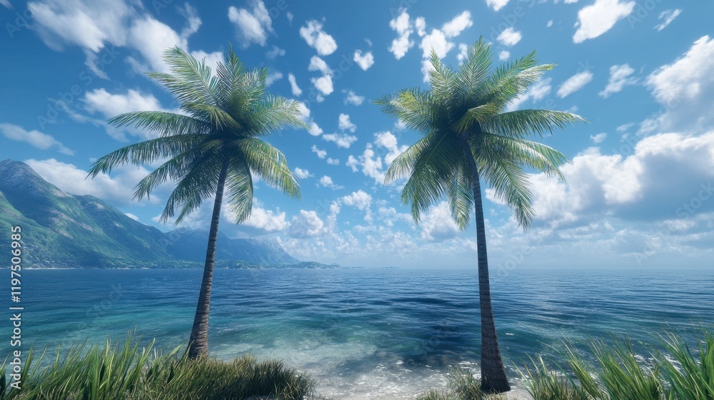 Fototapeta premium A picturesque view of twin palm trees by the ocean, under a clear sky and dotted clouds, inviting a sense of peace and relaxation.