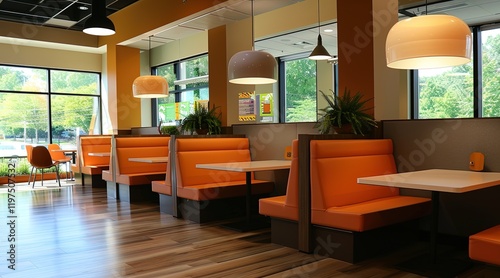 Modern orange restaurant interior design with booths and tables