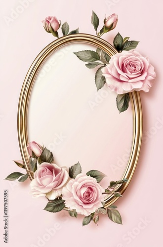 Oval gold frame with pink roses, blank space, pastel background; wedding invitation design