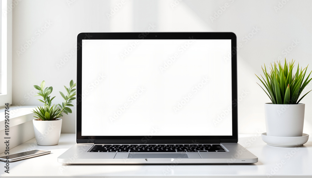 Blank laptop screen on a desk with potted plants and a smartphone Blank laptop screen on a desk with potted plants and a smartphone