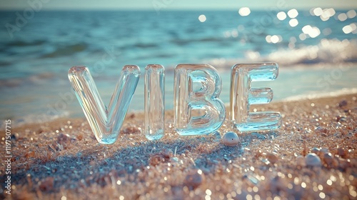 Glass Vibe Word on Beach at Sunset