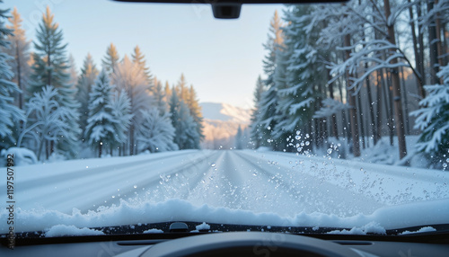 View from a car windshield of a snowy road surrounded by trees in a winter landscape