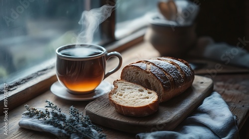 A cup of steaming hot tea on a wooden coaster, with a slice of bread and a bagel nearby, all placed on a snowy window sill. photo