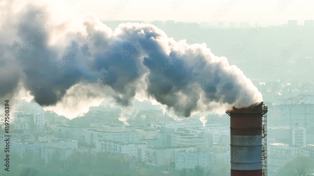 Thick smog blankets urban landscape due to industrial emissions on a hazy day in a metropolitan area