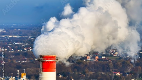 Air pollution from industrial smokestack envelops city in thick smog creating an ecological disaster