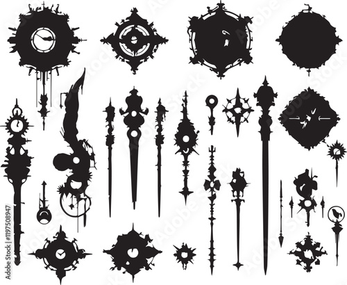 A set of minimalistic steampunk silhouettes for flat design. Hand drawn vector illustration