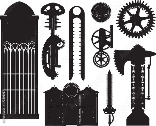 A set of minimalistic steampunk silhouettes for flat design. Hand drawn vector illustration