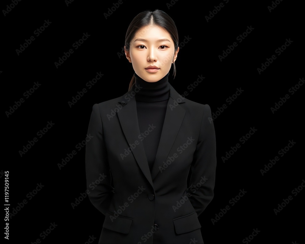 Asian Businesswoman in a Black Suit and Turtleneck Asian Businesswoman in a Black Suit and Turtleneck