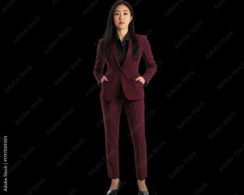 Naklejka premium Asian Woman in a Burgundy Suit with Hands in Pockets, Confident and Sophisticated