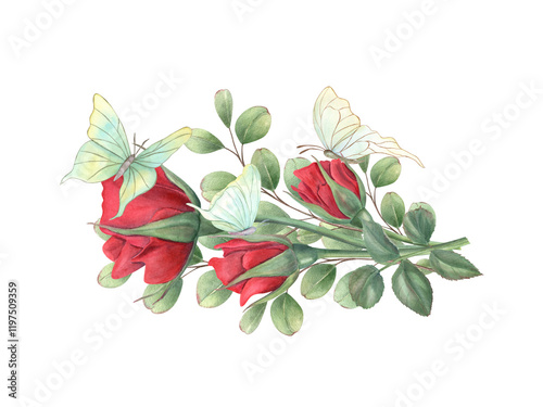 Garden red rose horizontal bouquet surrounded by fluttering butterflies watercolor illustration. Vintage realistic flowers, green leaves on stem, insects for wedding greeting, romantic invitation,