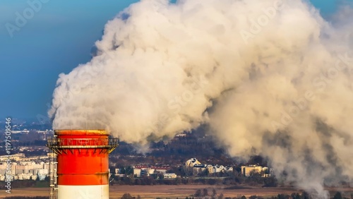 Industrial smokestack emits thick smog over urban landscape, highlighting air pollution crisis in major city