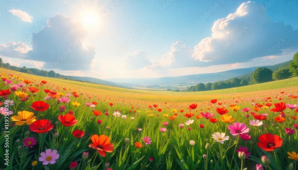 Vibrant Spring Meadow: A Panorama of Blossoms Under a Sunny Sky Vibrant Spring Meadow: A Panorama of Blossoms Under a Sunny Sky