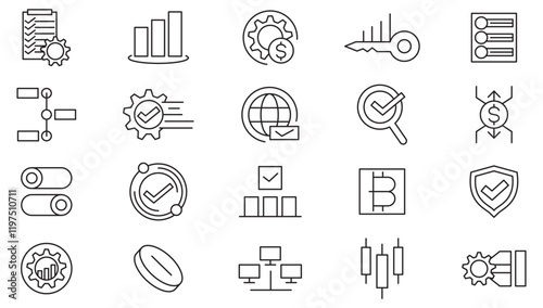 Operations line icon set. Gear, adjustments, setup, preferences, containing options, controls, service, operation, automation, productivity line icon set. UI thin line icon pack.