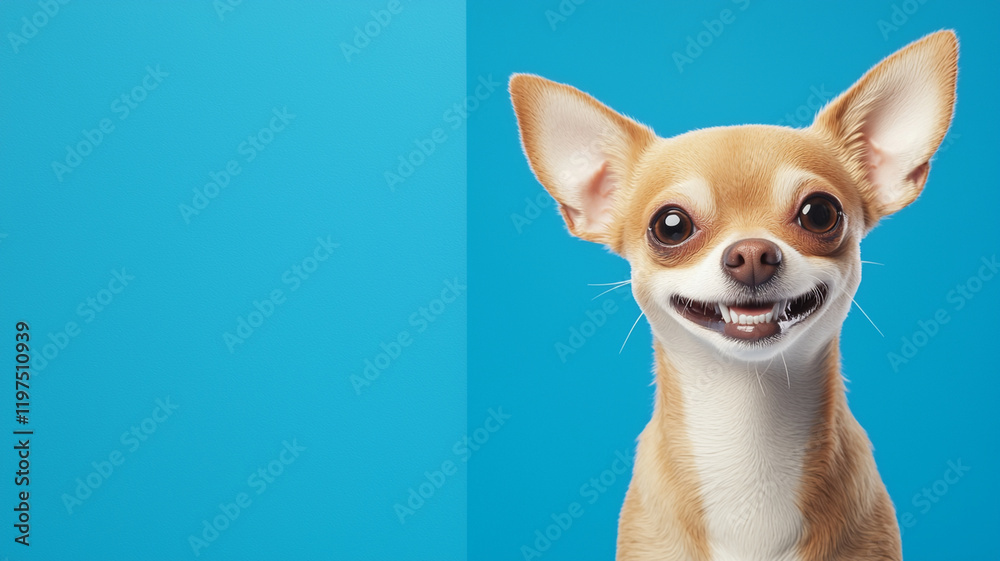 Youthful dog with a charming smile and captivating eyes, Youthful Chihuahua with charming smile against blue background