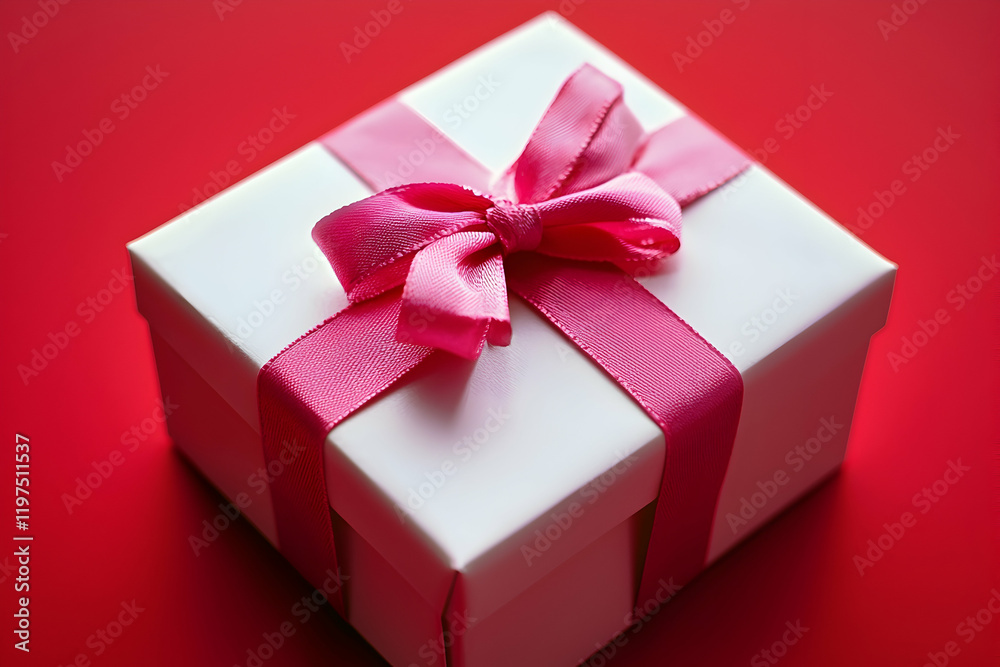 Obraz premium White gift box with pink ribbon on a red background.
