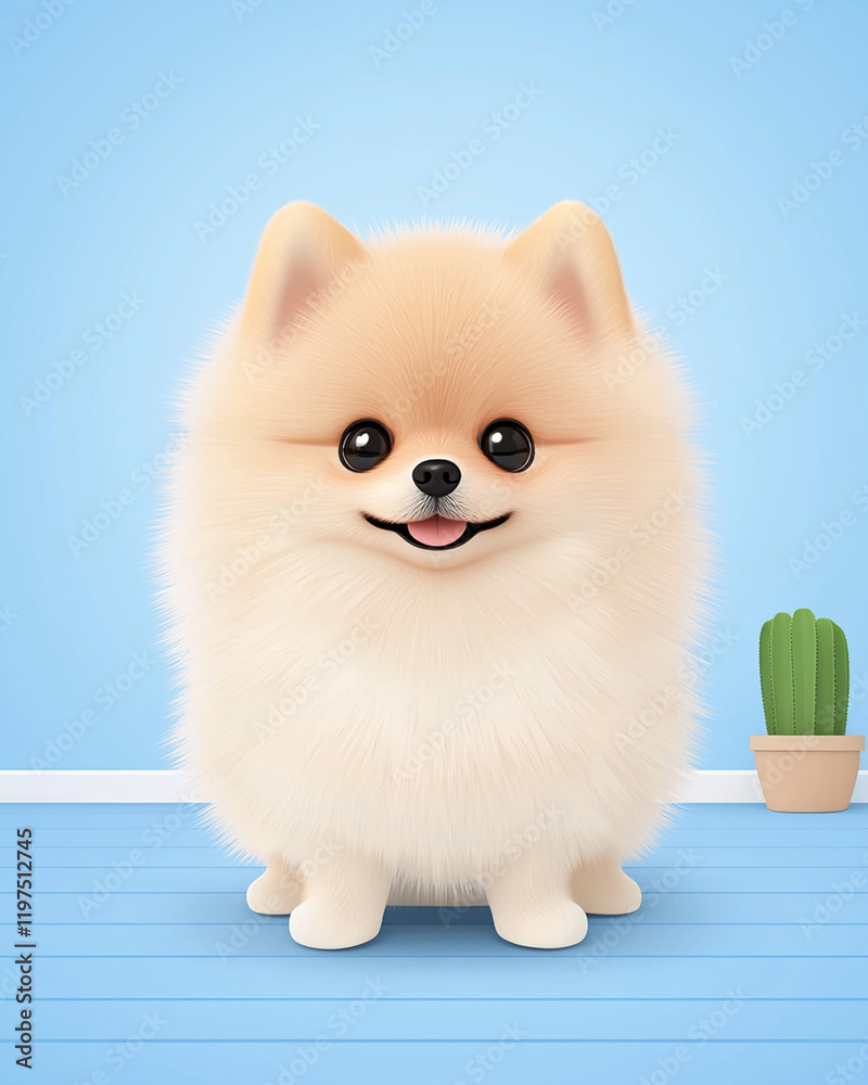Obraz premium Youthful dog with a charming smile and captivating eyes, fluffy Pomeranian with charming smile sits against blue background, radiating joy and playfulness