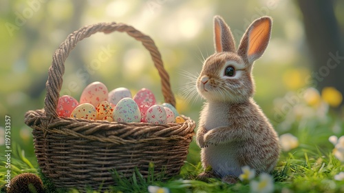 Easter bunny, eggs, basket, spring meadow, card photo