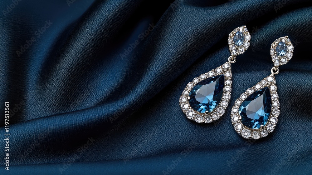 Obraz premium Stylish silver earrings with white gemstones set against a silky black background, highlighting exquisite craftsmanship.