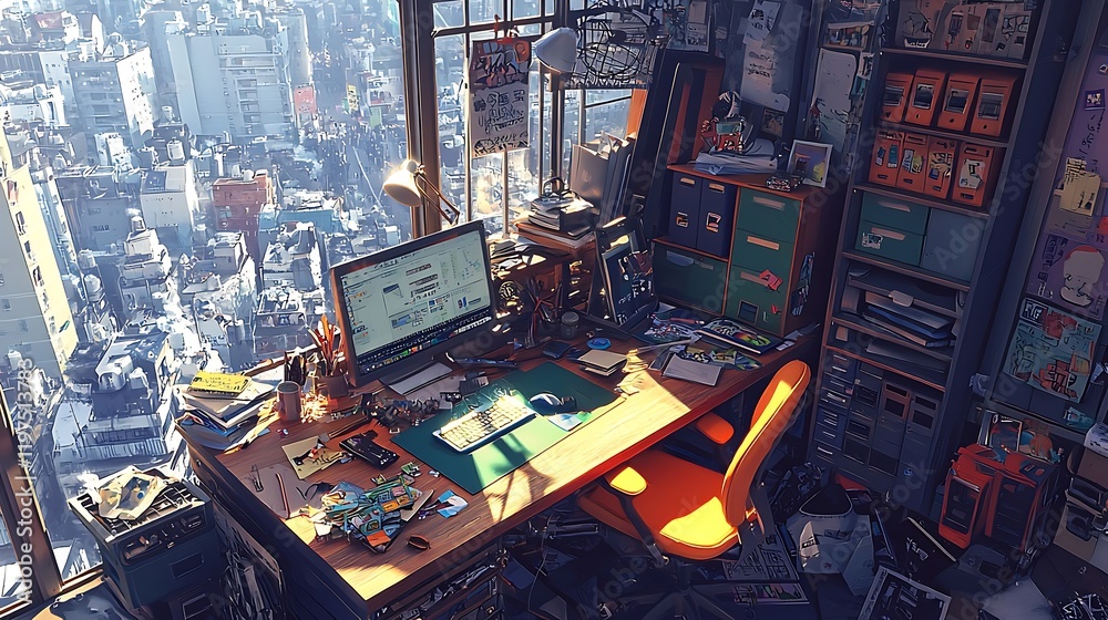Obraz premium Sunlit Cityscape Studio: A Vibrant, Creative Workspace