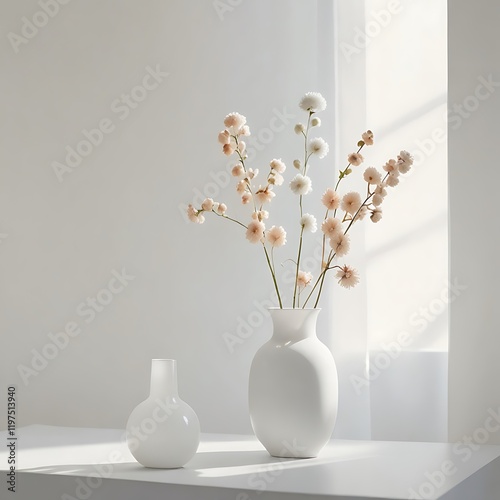  three vases on a white shelf against a white wall. The vases are of different sizes and shapes, with the largest one in the center and two smaller ones on either side