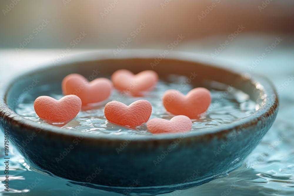 Bowl filled with small pink heart-shaped candies Bowl filled with small pink heart-shaped candies
