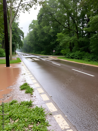 Asphalt road is submerged under muddy floodwater and impassable for traffic photo