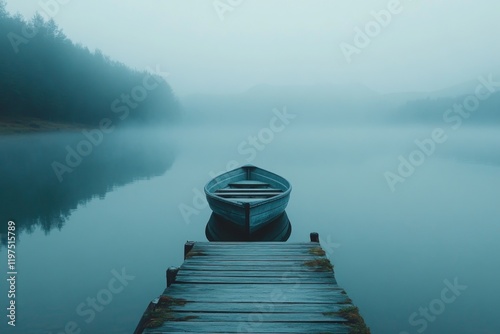 Misty dock overlooking a calm lake