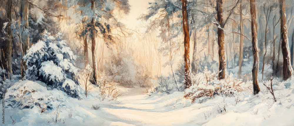 Winter forest landscape with snow-covered trees creating a tranquil and serene atmosphere Winter forest landscape with snow-covered trees creating a tranquil and serene atmosphere