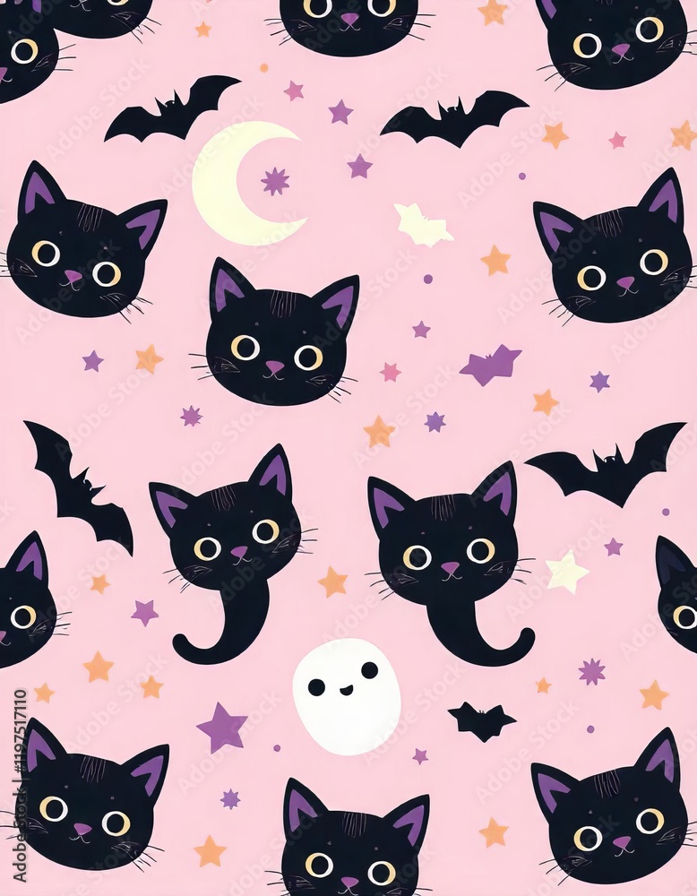 Fototapeta premium Kawaii-style cute cat faces with stars, moons, bats, pastel goth Halloween vibes, black and ghost cats, magical elements, pink-purple tones