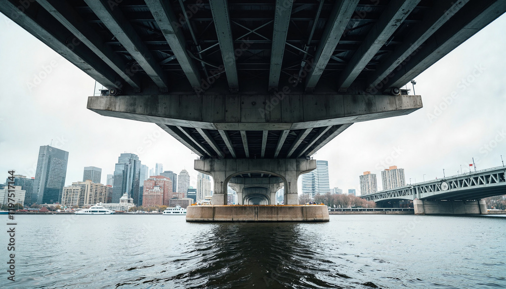 Fototapeta premium Massive urban bridge viewed from beneath, structural grandeur