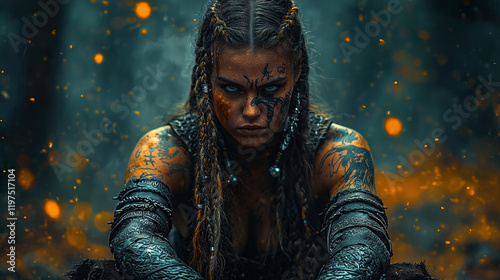 Fierce Viking Warrior Woman with Intricate Face and Body Tattoos in Diverse Natural Settings, from Stormy Seas to Misty Forests, Showcasing Strength, Beauty, and Battle Readiness photo