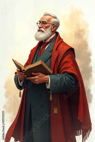 A scholarly professor, exuding wisdom and calm, is portrayed in a detailed, classical style, holding an open book and wearing academic regalia.