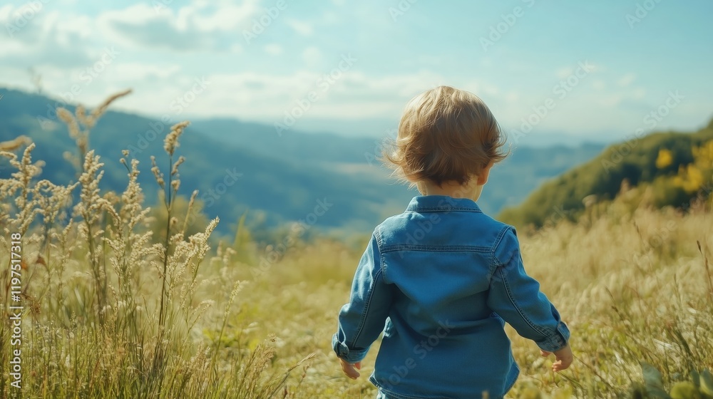 The cheerful toddler, wearing a blue denim shirt, crouches to examine the wonders of nature. The cheerful toddler, wearing a blue denim shirt, crouches to examine the wonders of nature.