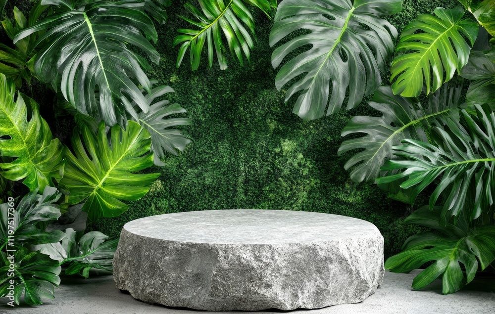 Stone podium with a green background and tropical leaves for product presentation, mockup, or template. Stone podium with a green background and tropical leaves for product presentation, mockup, or template.