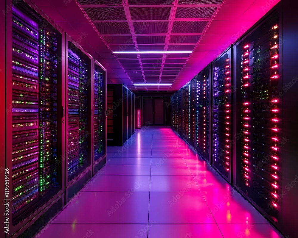A modern data center with illuminated server racks and high-tech equipment