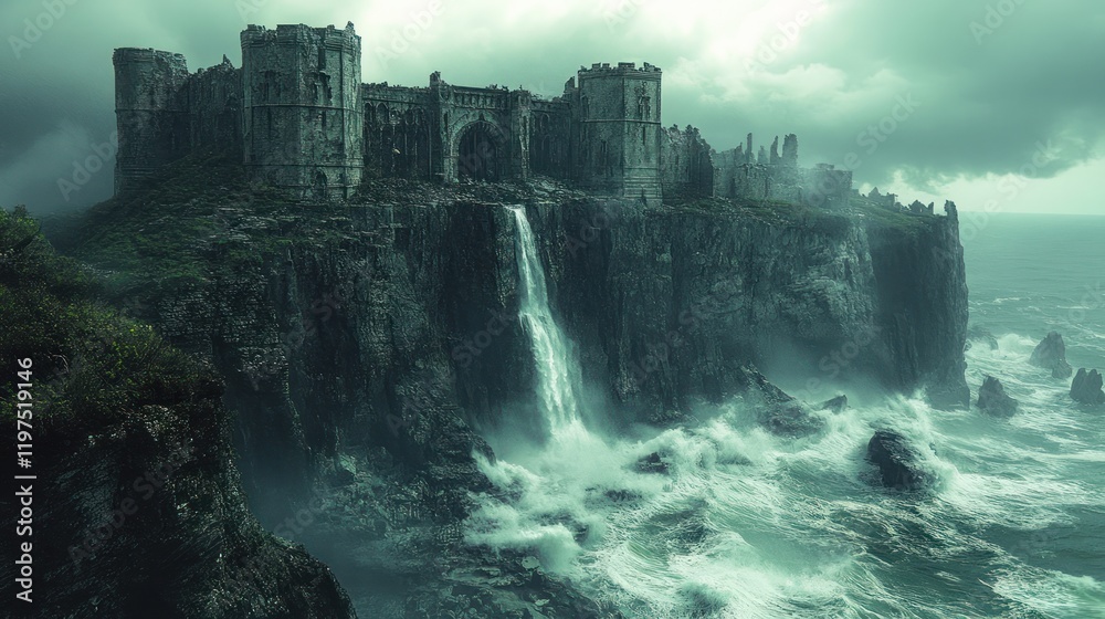 Ruined castle on clifftop with waterfall, stormy sea. Ruined castle on clifftop with waterfall, stormy sea.