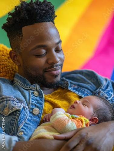 Man with relaxed posture, proudly holding his infant; warmth of family life; contentment in new parenthood; joyful bonding moments. photo