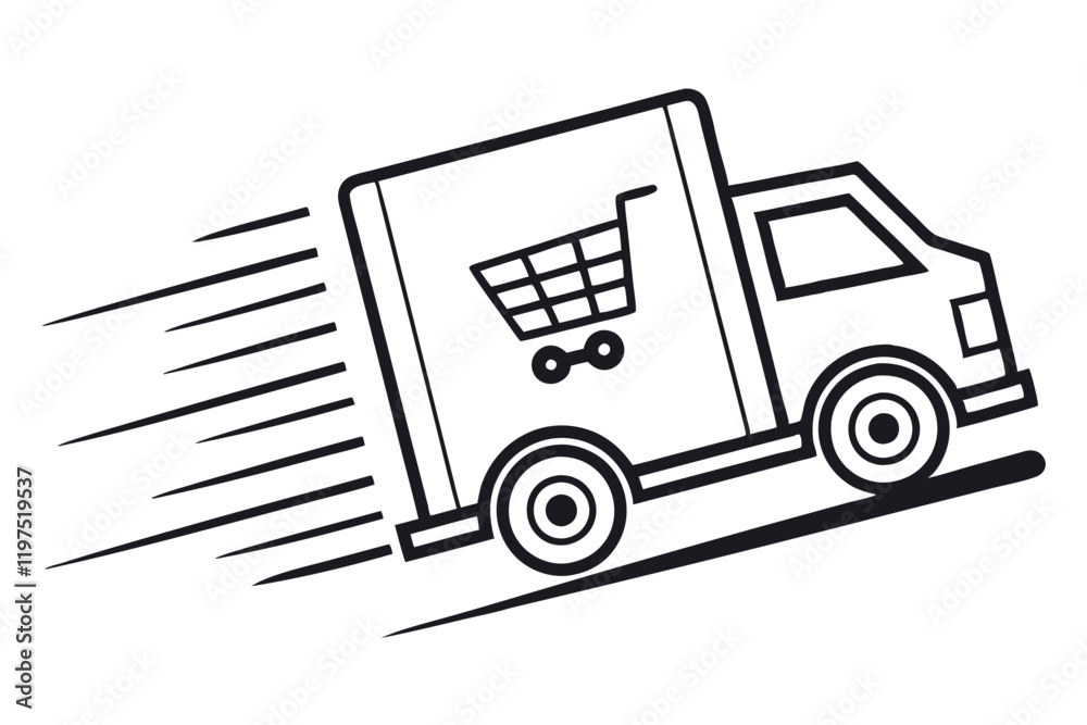 Minimalist delivery truck icon, simple black line drawing, white background, fast motion lines, side view, box-shaped cargo area, stylized wheels, streamlined design, vector graphic style, clean  on s