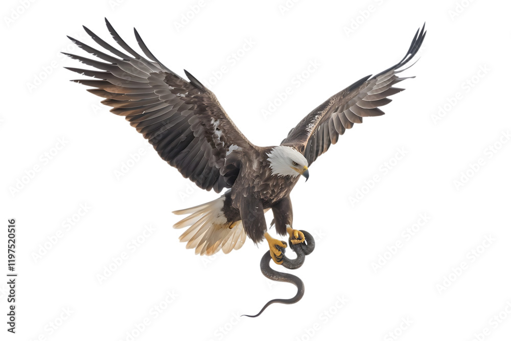 Fototapeta premium Majestic Bald Eagle Catching a Snake in Flight isolated on white background as transparent. PNG. AI GENERATED