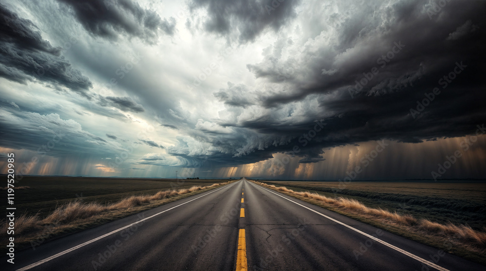 Naklejka premium empty road with a storm sky, dark clouds apocalyptic vibes