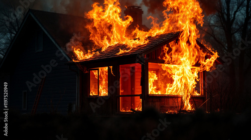 house on fire at night, house burning 