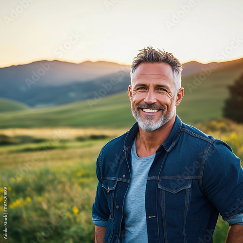 Handsome mature man with a bright smile standing outdoors in a scenic rural landscape during sunset.Generative AI