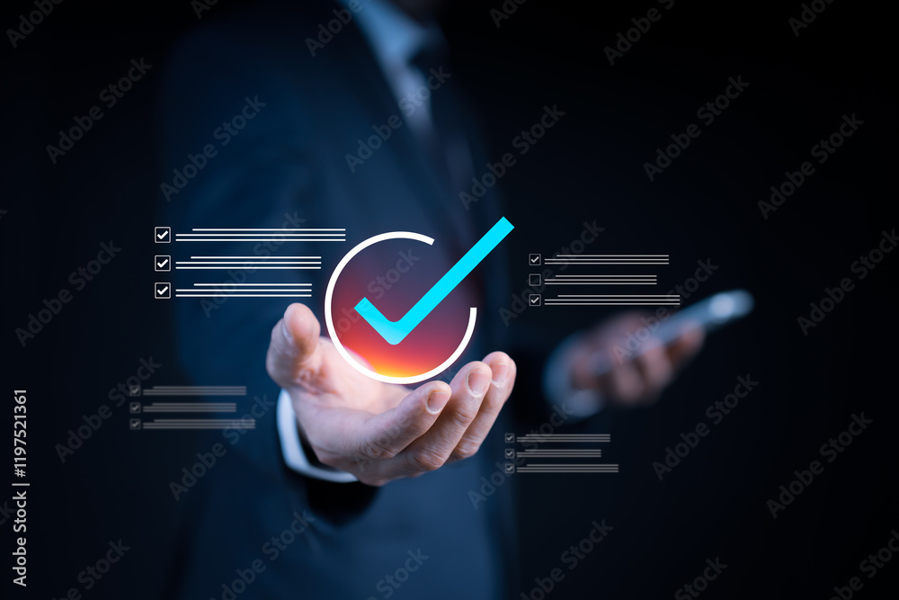 To approve business concepts for projects, a businessman taps the approved document sign-on digital documents: online business concept review and quality control. To approve business concepts for projects, a businessman taps the approved document sign-on digital documents: online business concept review and quality control.