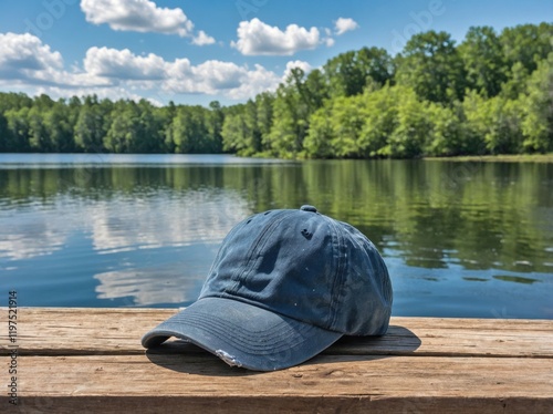 A weathered baseball cap with a faded navy-blue color, resting on the edge of a wooden dock by a tranquil lake.