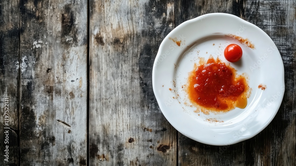 An empty plate with streaks of tomato sauce left behind, resting on a rustic wooden table, evoking the memory of a satisfying meal. An empty plate with streaks of tomato sauce left behind, resting on a rustic wooden table, evoking the memory of a satisfying meal.