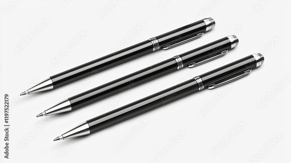 Three black pens with silver accents arranged on a white background. Three black pens with silver accents arranged on a white background.