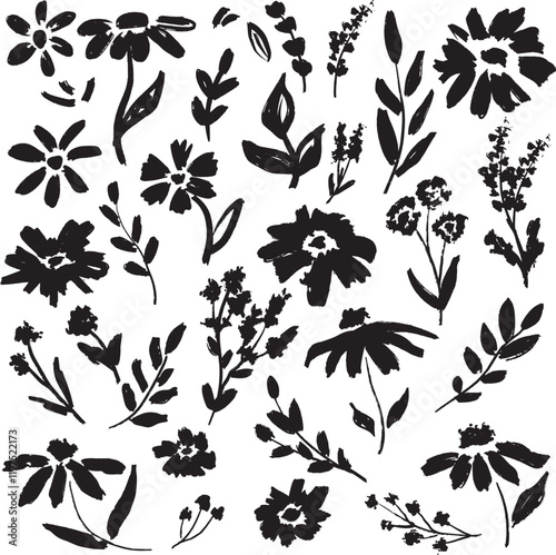 Abstract flowers and branch with leaves brush ink strokes. Hand drawn vector sketch charcoal illustration, silhouette floral design, scribble grunge brush texture. Vector flowers, fabric design