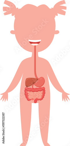 Educational illustration of a smiling girl showing digestive system and internal organs, suitable for health, medical and educational publications