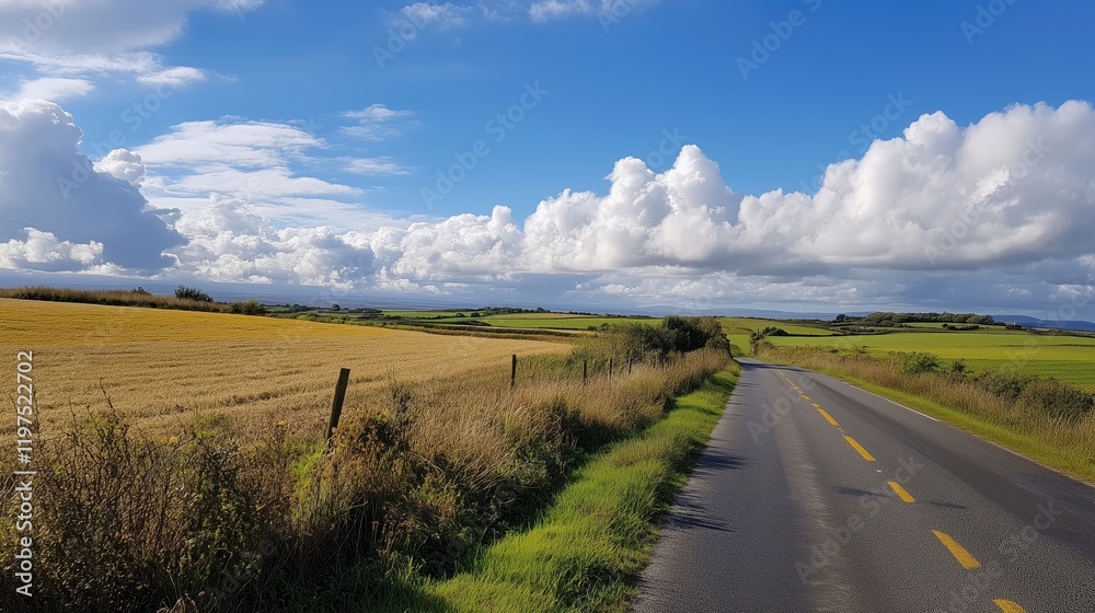 The long, straight road cuts through the serene countryside, with a vibrant yellow line contrasting against the asphalt, framed by a picturesque sky filled with soft, billowing clouds. The long, straight road cuts through the serene countryside, with a vibrant yellow line contrasting against the asphalt, framed by a picturesque sky filled with soft, billowing clouds.