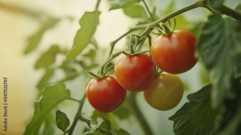 Bunch of red ripe tomatoes with green leaves in sunlit background. Bunch of red ripe tomatoes with green leaves in sunlit background.